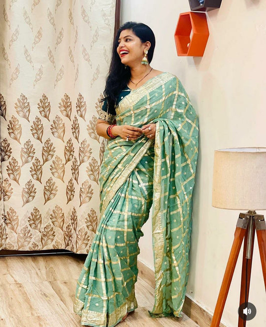 Jorjat Chokda Zari Saree with Zari Waiving and Contrast Blouse