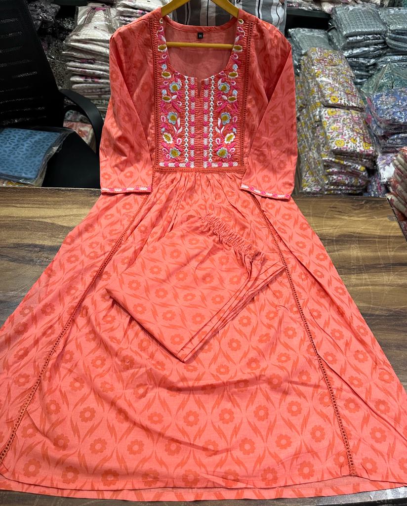 Cotton Machine Embroidery Kurta Pant Set