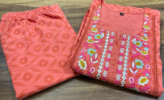 Cotton Machine Embroidery Kurta Pant Set