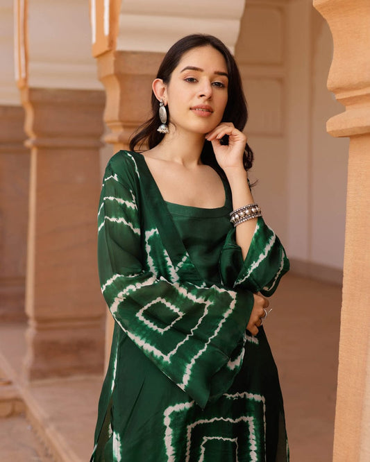 Bottle Green Tie-Dye Prosen Print Kurti Pant Set in Rayon Fabric