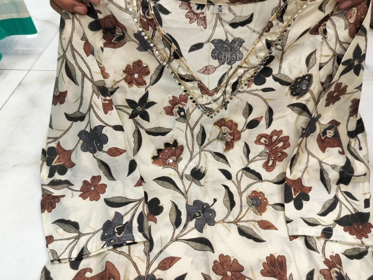 Muslin Digital Foil Printed Kurti with Sitara Neck Work, Pant, and Brush-Printed Chiffon Dupatta Set