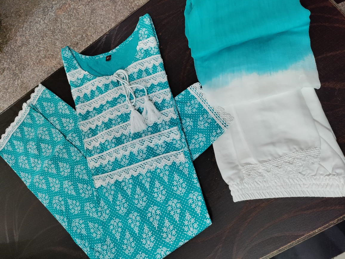 Rayon Print and Lace Work Kurti Set with Pant and Dupatta