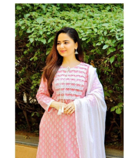 Rayon Print and Lace Work Kurti Set with Pant and Dupatta