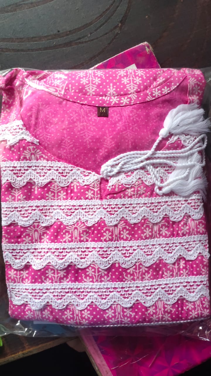 Rayon Print and Lace Work Kurti Set with Pant and Dupatta