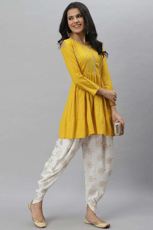 Lacework Cut Shoulder Top and Printed Dhoti Set in Rayon