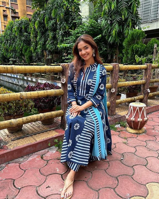 Cotton 3-Piece Ensemble with Button Work – Kurta, Pant, and Dupatta Set