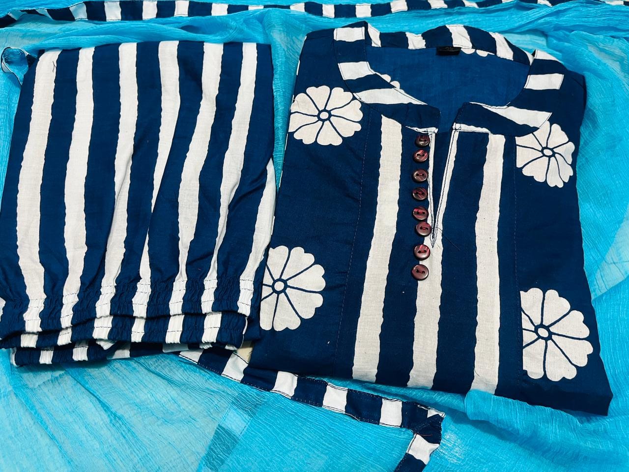 Cotton 3-Piece Ensemble with Button Work β Kurta, Pant, and Dupatta Set