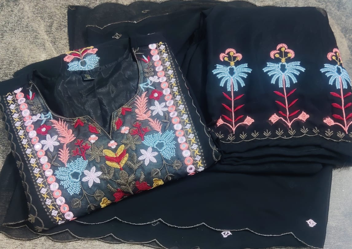 Black Georgette Kurti, Pant, and Dupatta Set with Embroidery and Mirror Work