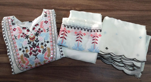 Georgette Embroidered Kurti, Pant, and Dupatta Set with Mirror Work and Lining