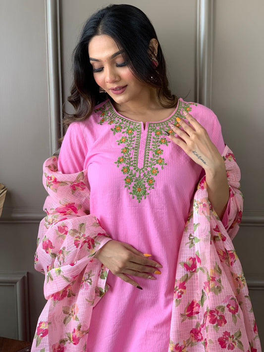 Kantha Suit Set with Cotton Kurta, Embroidery Work, and Flower Kota Silk Dupatta