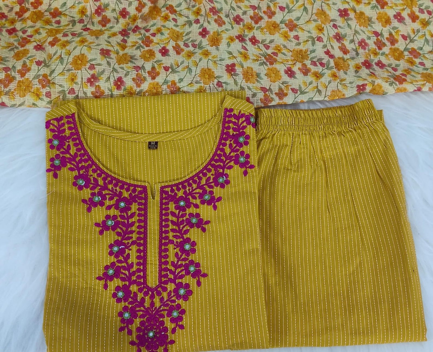 Kantha Suit Set with Cotton Kurta, Embroidery Work, and Flower Kota Silk Dupatta