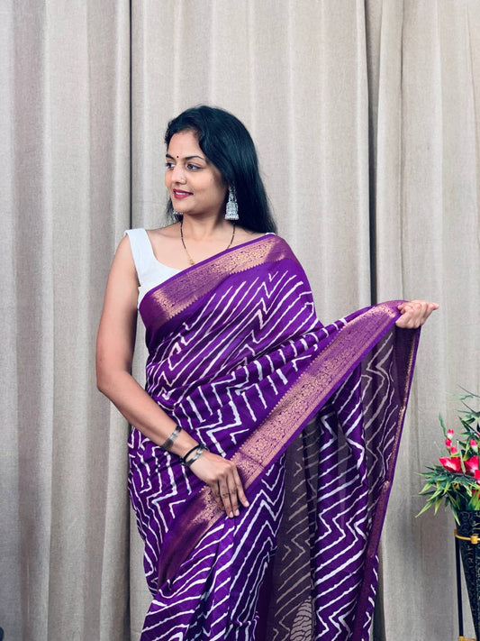 Violet Tusshar Silk Saree with Zig Zag Pattern and Golden Zari Border