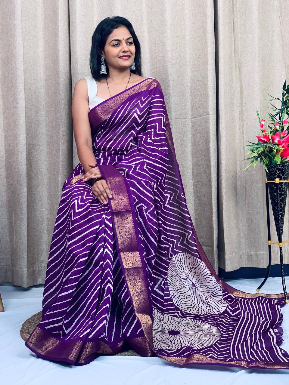 Violet Tusshar Silk Saree with Zig Zag Pattern and Golden Zari Border