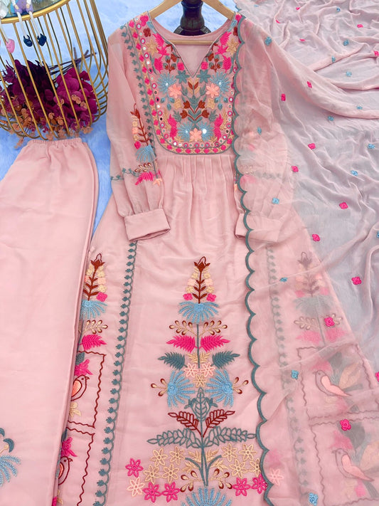 Georgette Embroidered Kurti Palazzo Dupatta Set with Mirror Work and Lining