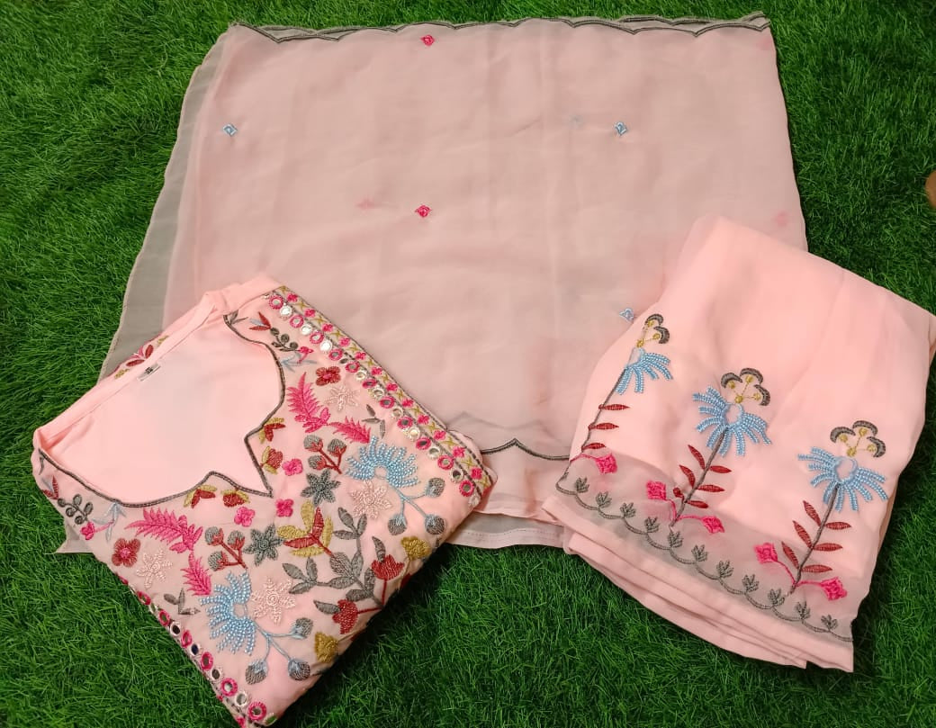 Georgette Embroidered Kurti Palazzo Dupatta Set with Mirror Work and Lining