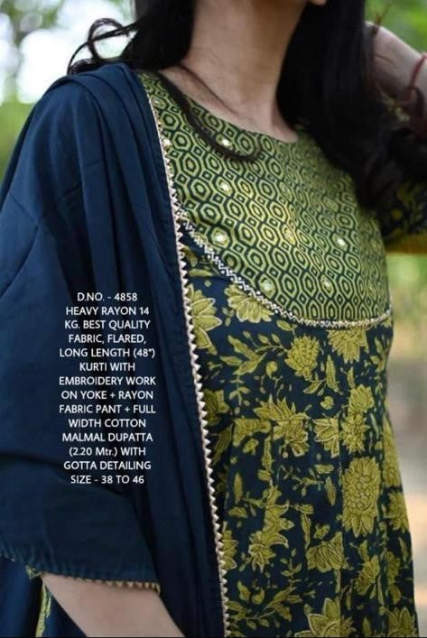 Rayon 14 Kg. Flared Kurti with Embroidery, Gotta Detailing, and Pant-Dupatta Set