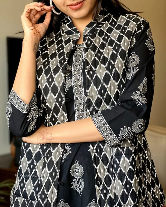 Cotton Kurti Pant Set with Quilted Cotton Jacket
