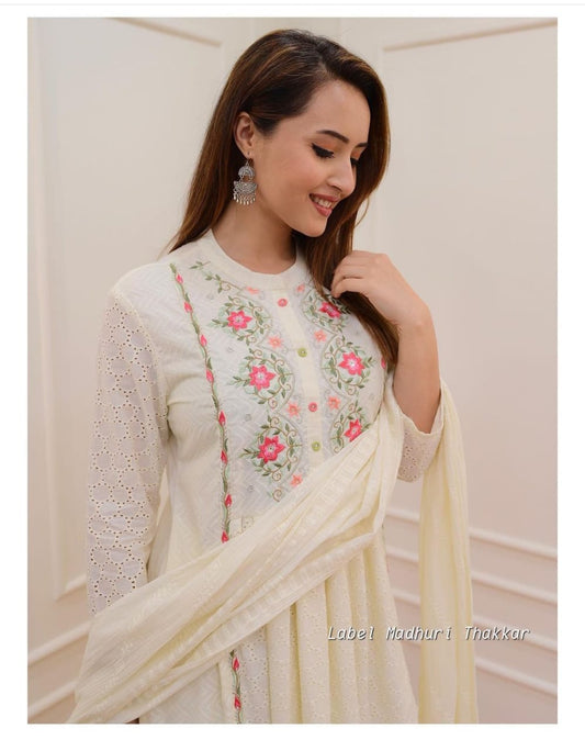 Off-White Cotton Schiffli Chikankari Suit Set
