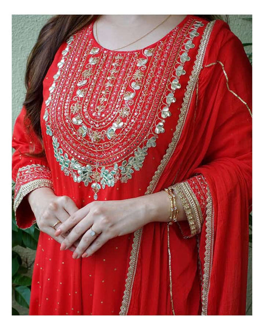 Rayon Print Flair Anarkali Kurti with Pant & Dupatta Set - Gotta Embroidery & Lace Details