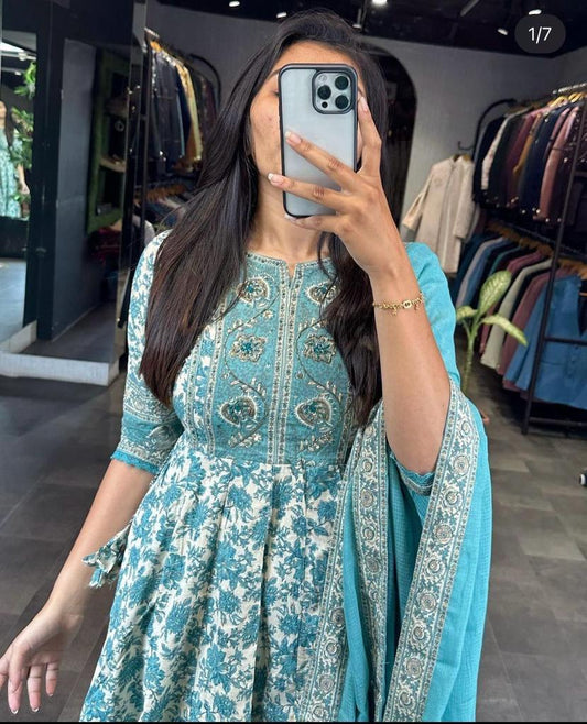 Sanganeri Print Flared Suit with Adda Work in Rayon