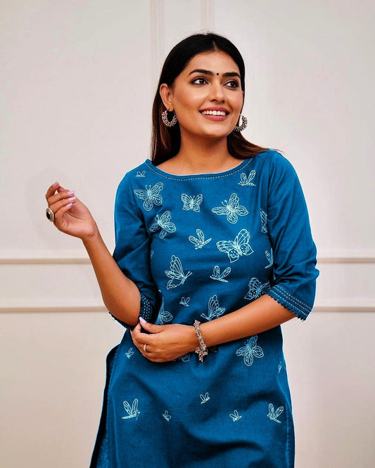 Teal Blue Butterfly Embroidery Kurti Set with Lace Detailing