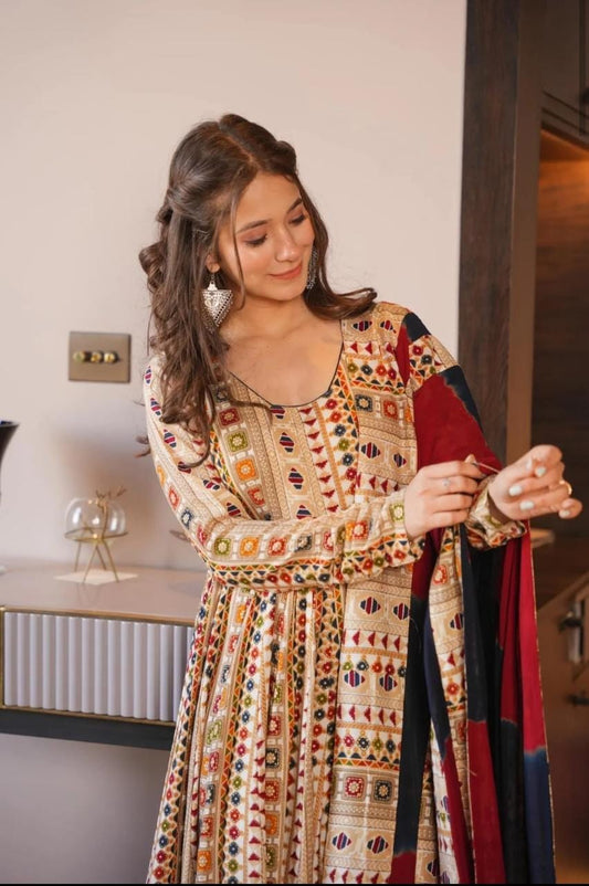 Rayon Gown with Mulmul Dupatta - Printed Design with Tassel and Gota Lace Work