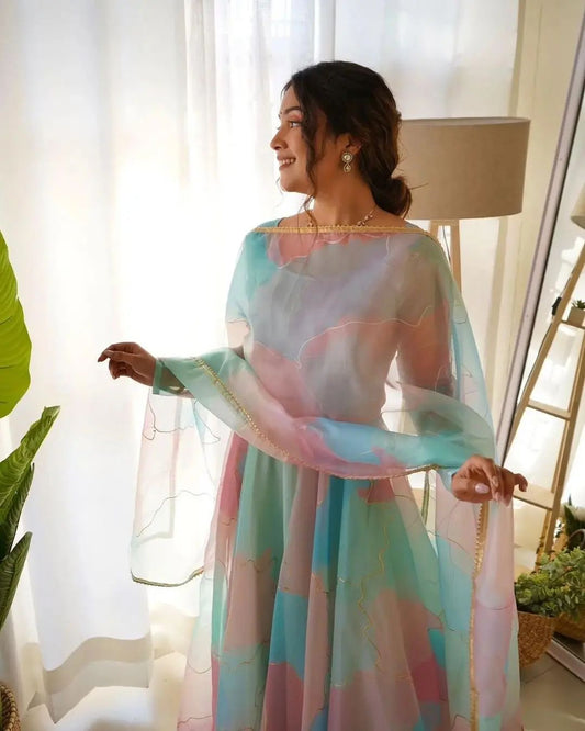 Tabby Silk Organza Gown with Digital Print and Lace Dupatta