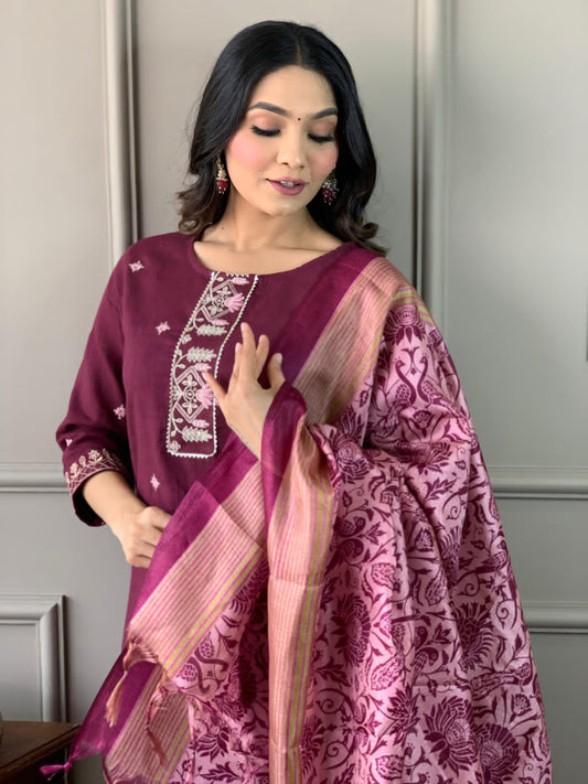 Cotton Embroidered Kurta with Lace Yoke, Pant, and Silk Dupatta Set