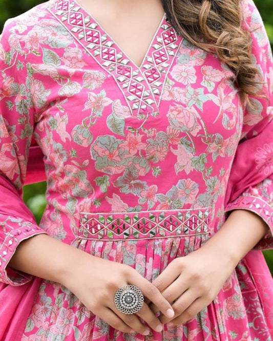 Cotton Printed Naira Cut Kurti with Embroidery, Pant, and Mulmul Dupatta Set