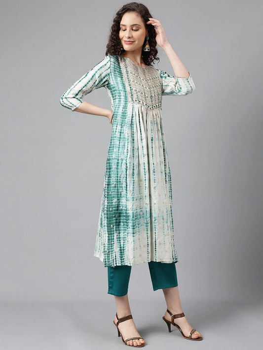 Turquoise Blue Rayon Thread Work Kurti Set with Trouser and Dupatta