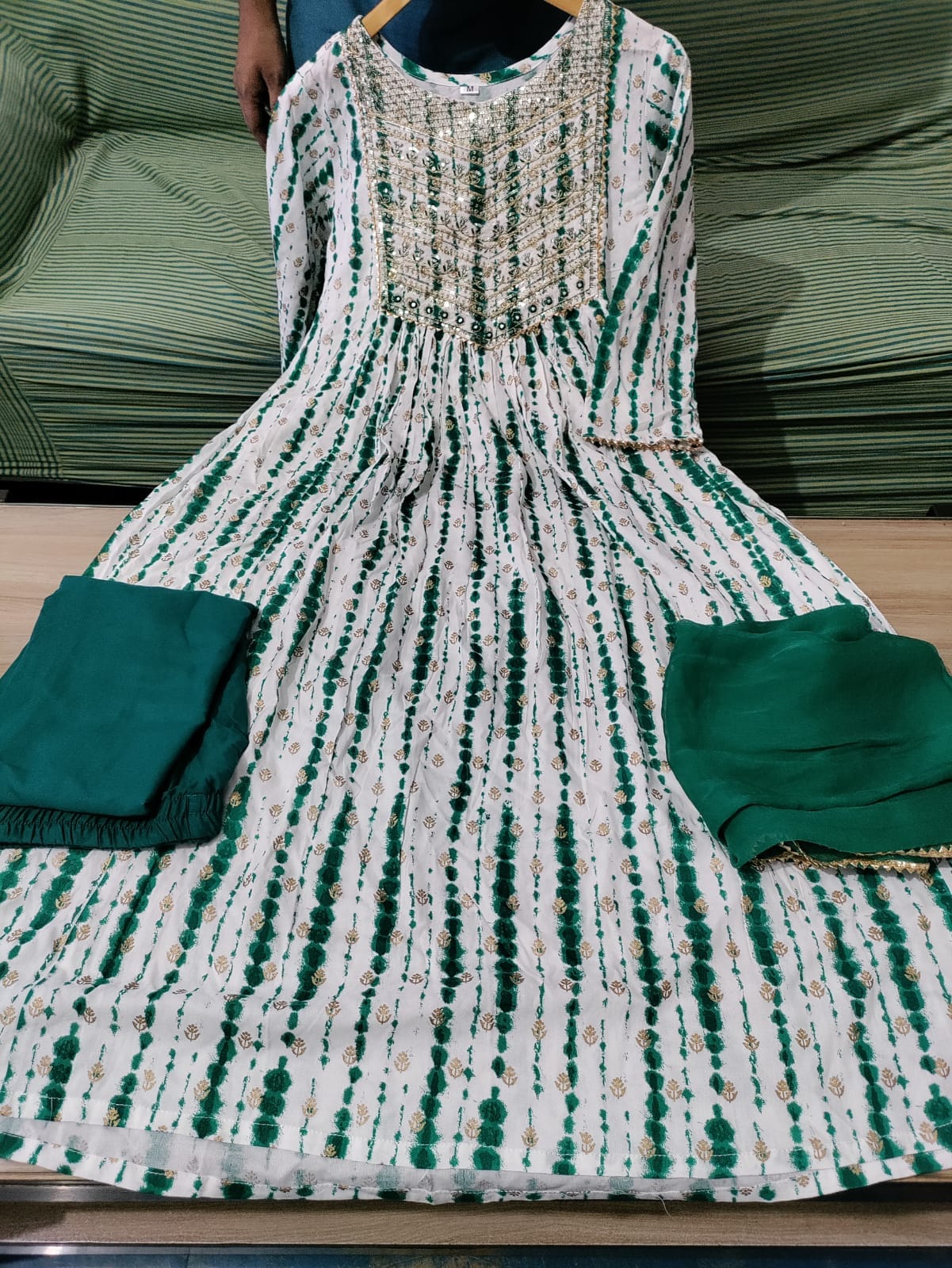 Turquoise Blue Rayon Thread Work Kurti Set with Trouser and Dupatta