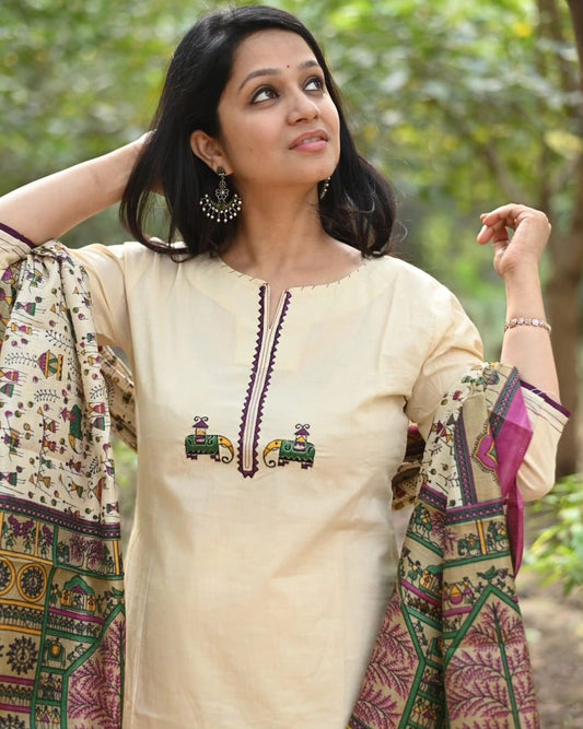 Cream Cotton Kurta Set with Zari Elephant Motifs and Warli Print Dupatta