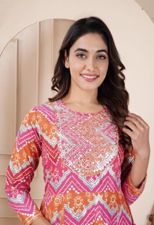 Bandhani Print Rayon Gown with Embroidery and Gota Work - Full Flair, 50" Length