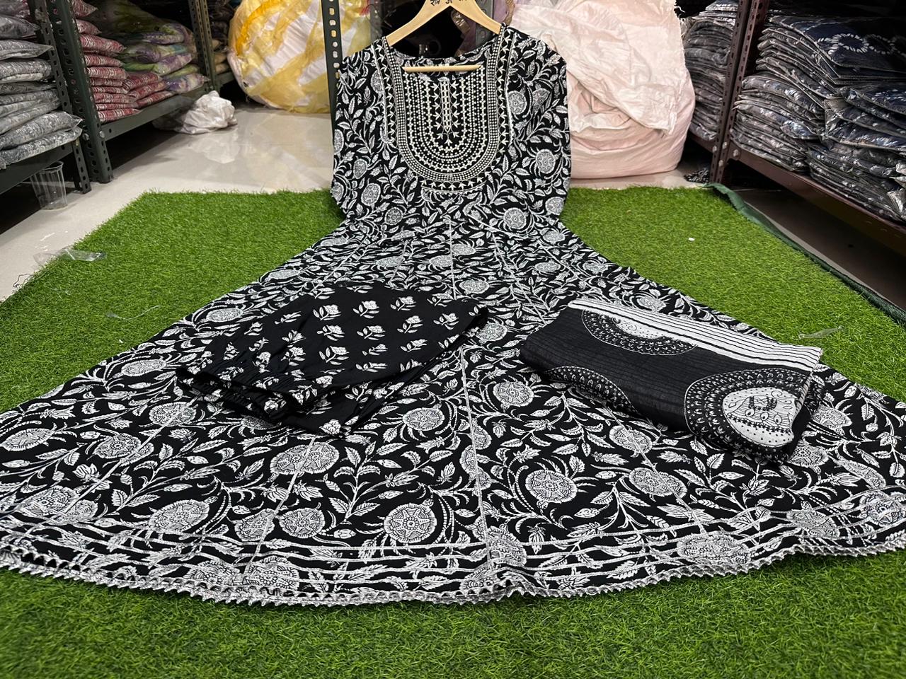 Black Cotton Suit with Embroidered Kurta, Cigarette Pant, and Malmal Dupatta