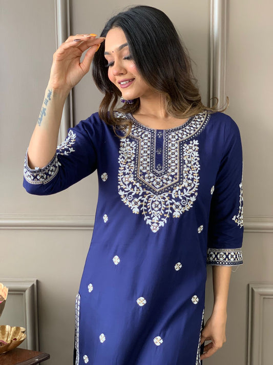 Navy Blue Embroidered Rayon Kurta Set with Pant and Dupatta