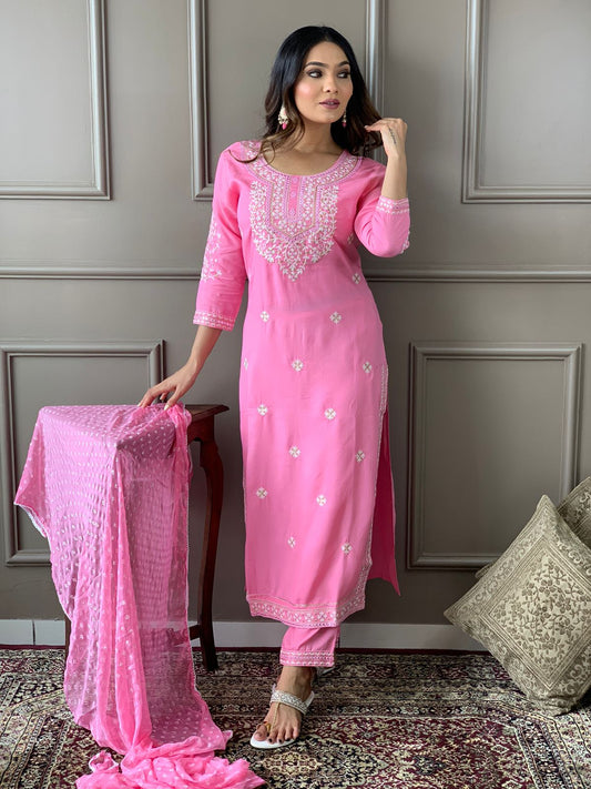 Baby Pink Rayon Embroidered Kurta with Pant and Dupatta Set
