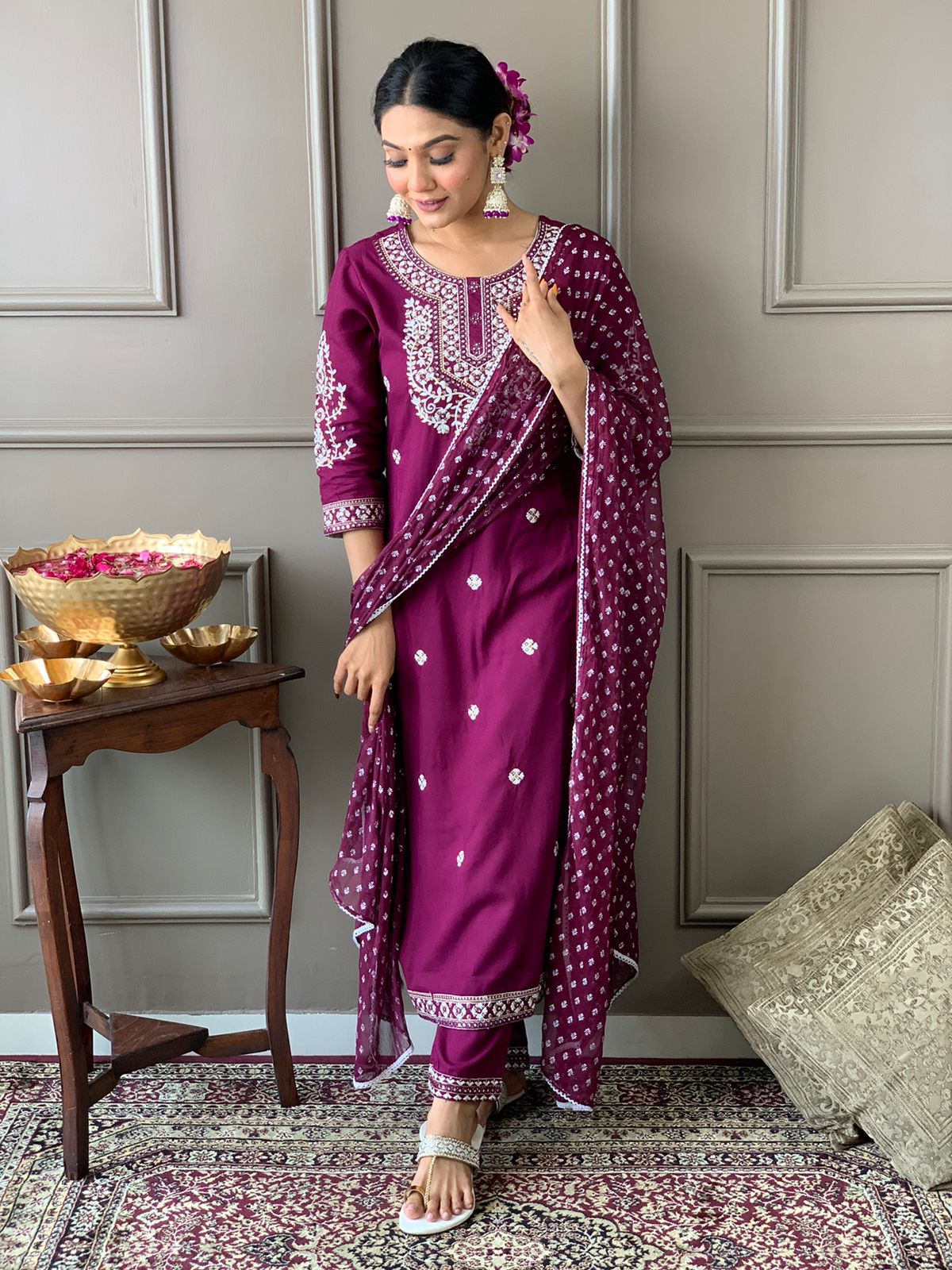 Wine Embroidered Rayon Kurta Set with Pant and Dupatta
