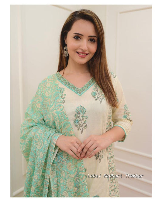 Green Floral Afghani Suit Set with Cotton Fabric - Top, Bottom & Dupatta