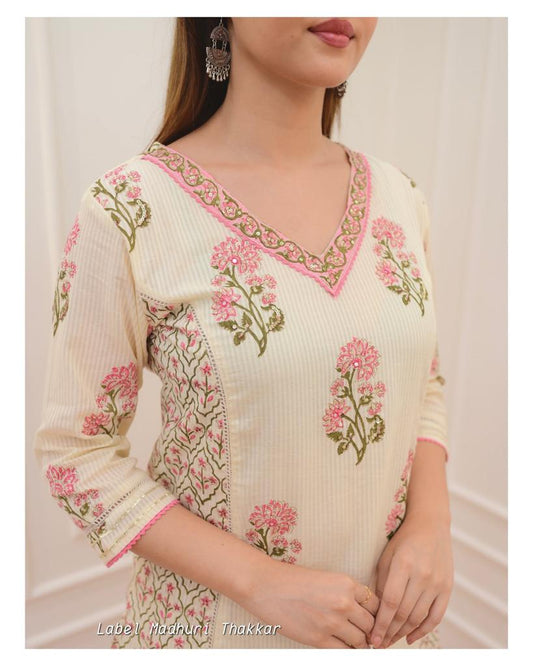 Pink Floral Afghani Suit Set with Motif Decorations - Cotton Fabric - 3 Piece Ensemble