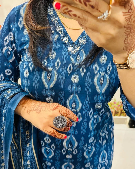 Blue Printed Cotton Kurta Set with Embroidered Neck and Cotton Dupatta