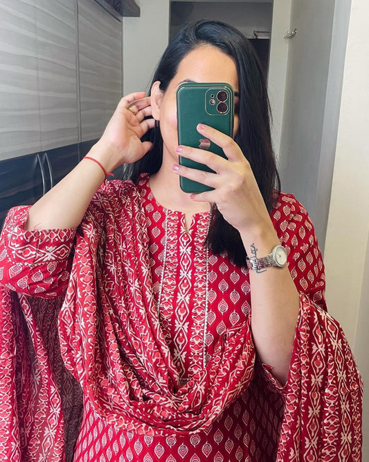 Cotton Kurti with Pant and Dupatta Set