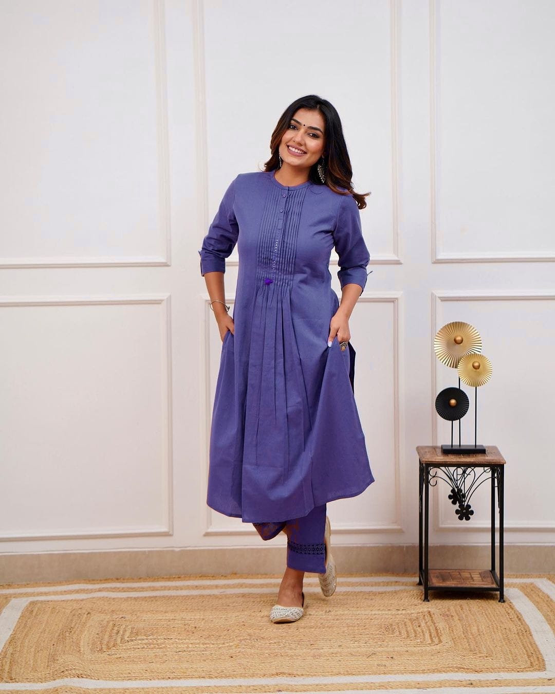 Blue Cotton Pant Set with Pleated Kurta