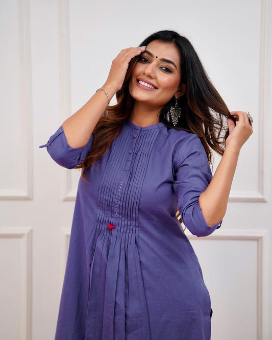 Blue Cotton Pant Set with Pleated Kurta