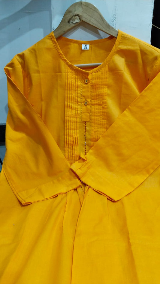 Pleated Cotton Kurta & Crochet Lace Pant Set in Yellow