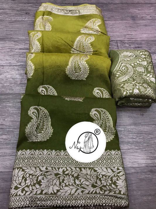 Russian Dola Silk Saree with Zari Weaving and Gota Bijiya Detailing