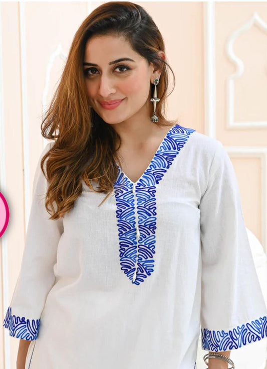 White Monochromatic Cotton Pant Set with Thread Embroidery