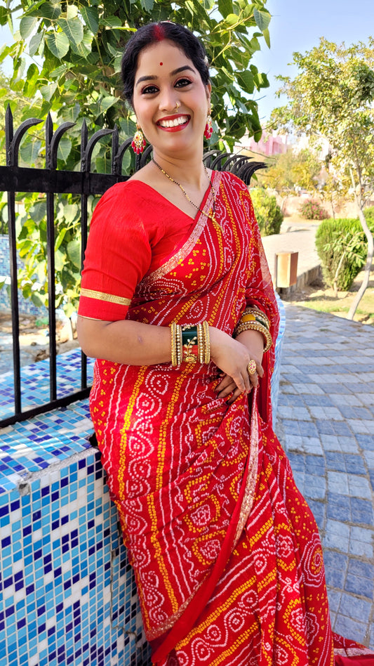 Viscose Georgette Satan Patta Saree with Bandhej Print and Contrast Blouse