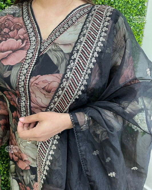 Chanderi Digital Print Kurti with Embroidered and Lace Work Organza Dupatta