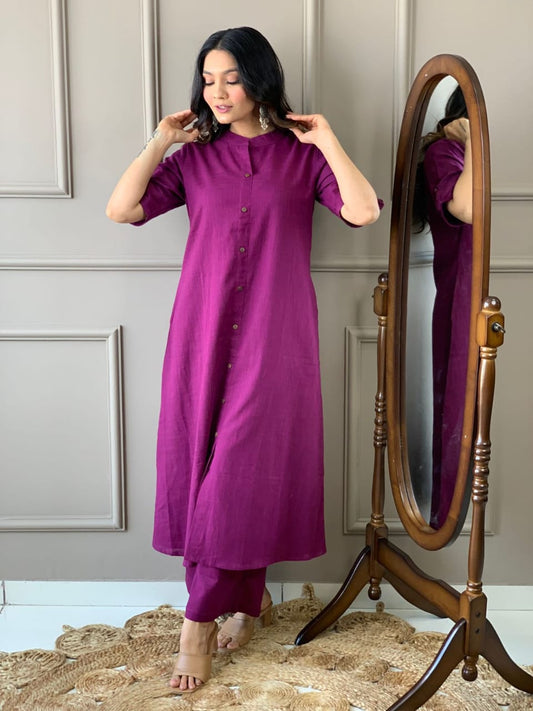 Cotton Slub A-Line Kurti and Palazzo Set