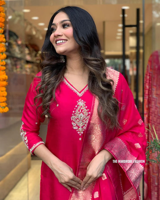 Rani Color Rayon Kurti with Adda Work, Pant and Latkan Dupatta